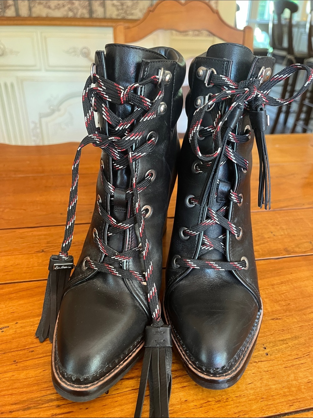 Sam Edelman Black Leather Lace-Up Ankle Boots with Tassels - Picture 3 of 7